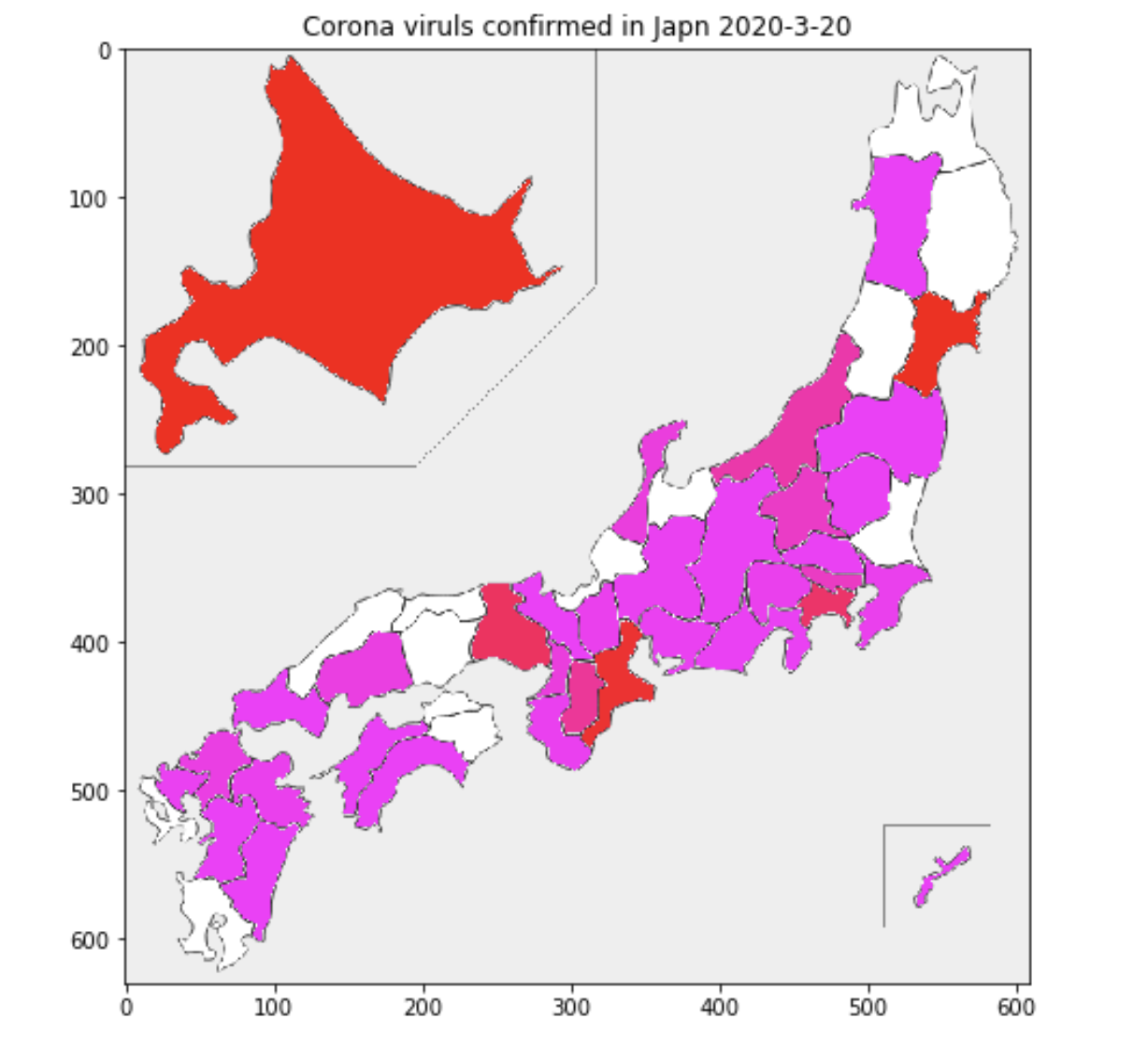 コロナウィルス感染状況をJapanmapで可視化